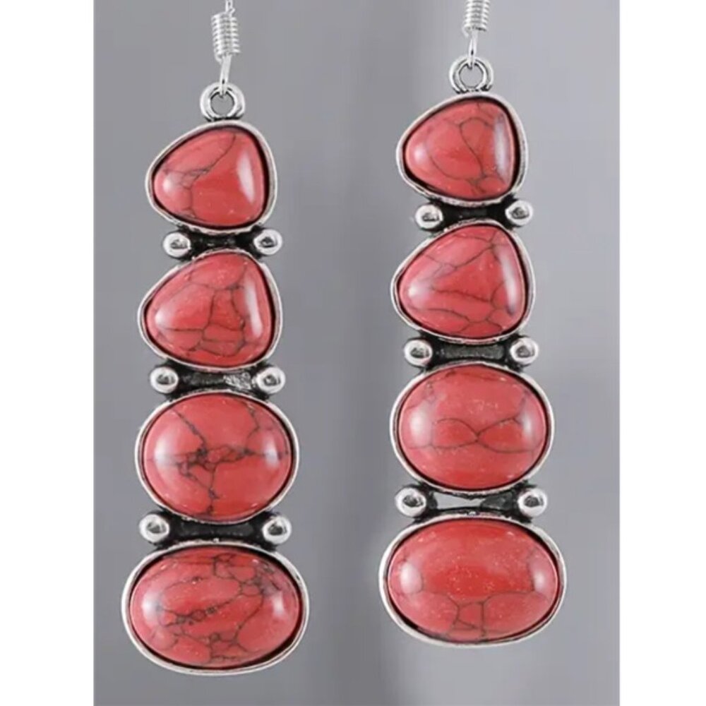 Long Silver Electro-Plated Drop Earrings With Synthetic Red Turquoise Stones